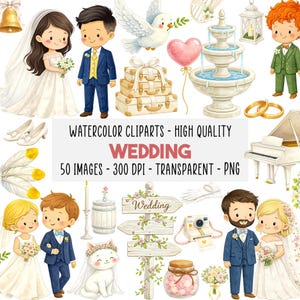 Op de afbeelding: Watercolor clip art set met een bruiloft thema. De afbeelding bevat illustraties van een bruid en bruidegom, een duif, een fontein, een piano en andere bruiloft gerelateerde elementen. De tekst op de afbeelding luidt "WEDDING".