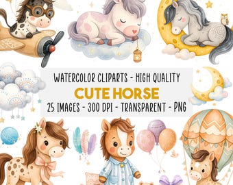 25 Boho Cute Horse Clipart Bundle, Watercolor Horses PNG, Ponies, Unicorns for Nursery, Baby Shower, Farm Animals, Pastel, Instant Download