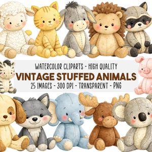 May include: A collection of vintage stuffed animal clip art in various colors, including a sheep, cat, donkey, hedgehog, raccoon, zebra, dog, wolf, elephant, moose, pig, and koala. The image includes the text "WATERCOLOR CLIPARTS - HIGH QUALITY VINTAGE STUFFED ANIMALS 25 IMAGES - 300 DPI - TRANSPARENT - PNG."
