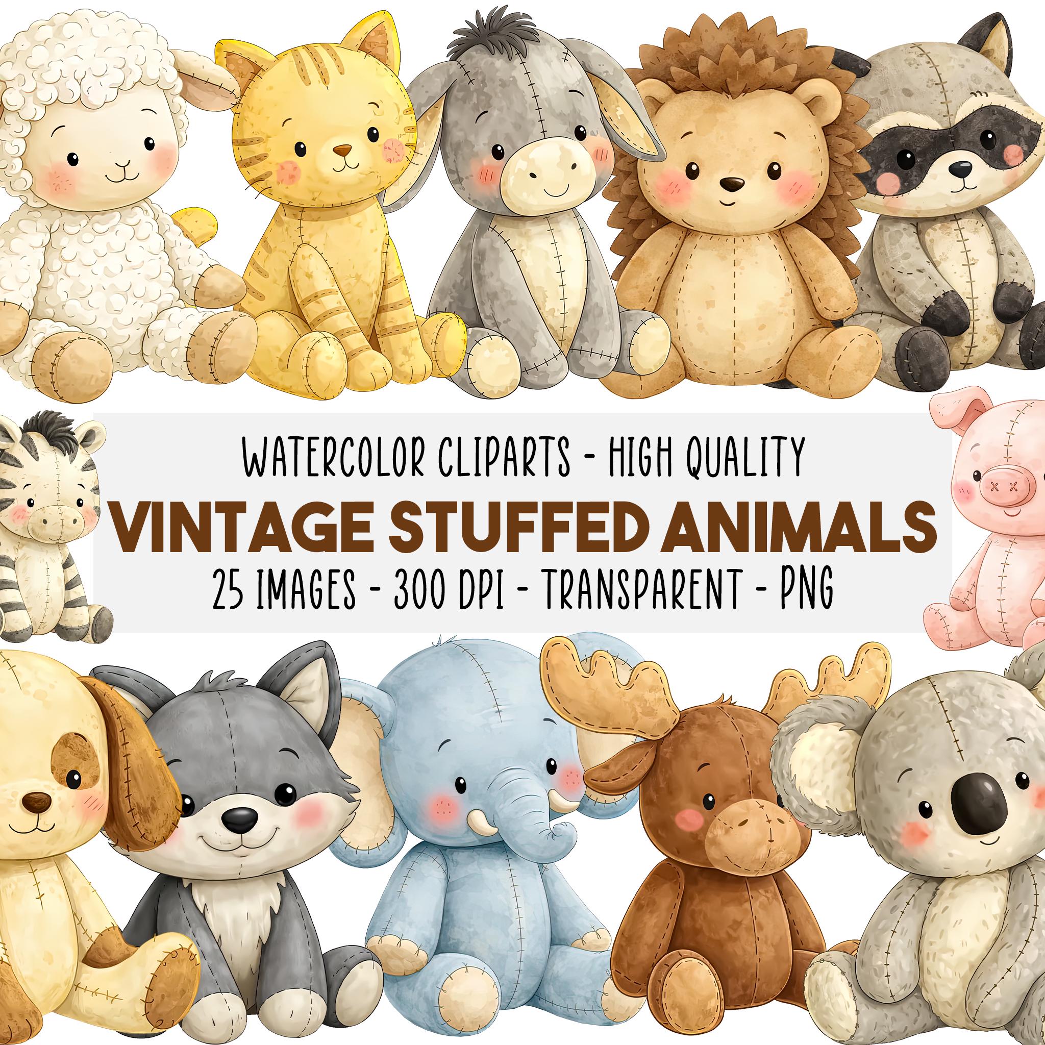 25 Vintage Stuffed Animals Clipart, Cute Plush Zoo Animals, Handcrafted ...