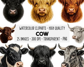 25 Bauernhof-Kuh Clipart-Set, Aquarell-Kuh-Illustrationen, PNG, Digitaler Download, Enthält Highland Cows, Junk Journal
