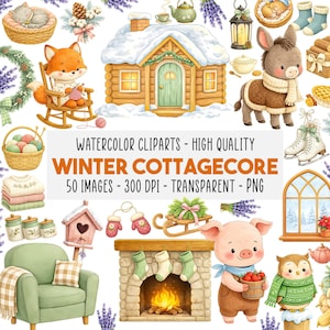 Op de afbeelding: Waterverf clipartset met een winter cottagecore thema. De afbeelding toont een besneeuwde hut, een vos die breit, een varken met appels en andere winterillustraties. Tekst luidt "WATERCOLOR CLIPARTS - HIGH QUALITY WINTER COTTAGECORE 50 IMAGES - 300 DPI - TRANSPARENT - PNG."