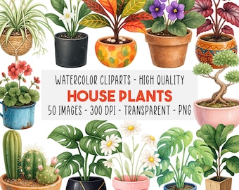 50 Watercolor House Plants Clipart PNG Set, Potted Indoor Plants, Succulent Cactus Botanical Greenery, Scrapbooking Crafts, Instant Download