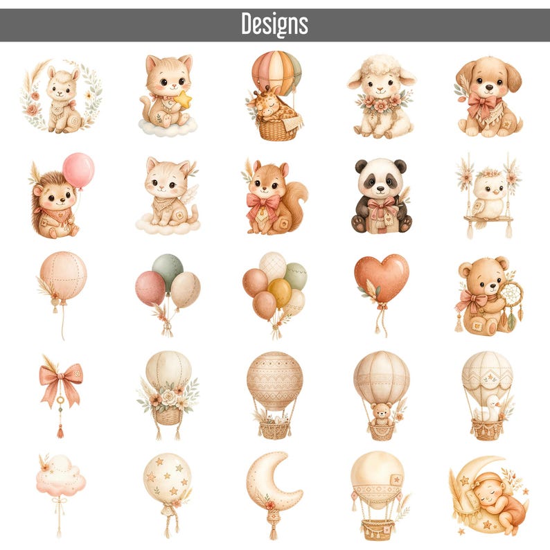 75 Boho Baby Shower Clipart Bundle, Watercolor Teddy Bear, Animals PNG ...