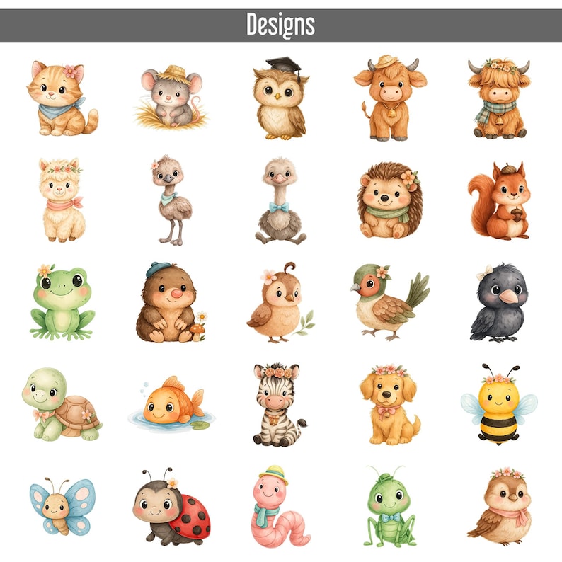 50 Cute Farm Animals PNG Bundle, Watercolor Farm Clipart Set, Cow, Pig, Duck, Horse, Bunny, Dog, Sheep, Instant Download, Barn Baby Animal image 3