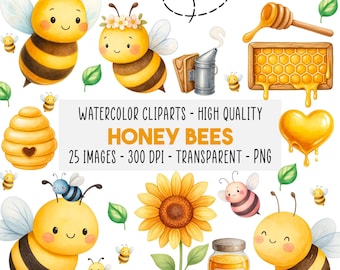 25 Honey Bees Watercolor Clipart PNG Set, Beehive Honeycomb Illustrations, Cute Bumblebee Digital Pack, Commercial Use, Instant Download