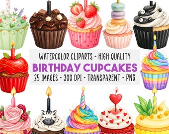 25 Birthday Cupcake Clipart Bundle, Galaxy Rainbow Floral Dessert PNG Set, Watercolor Cupcakes, Digital Art for Crafts, Instant Download