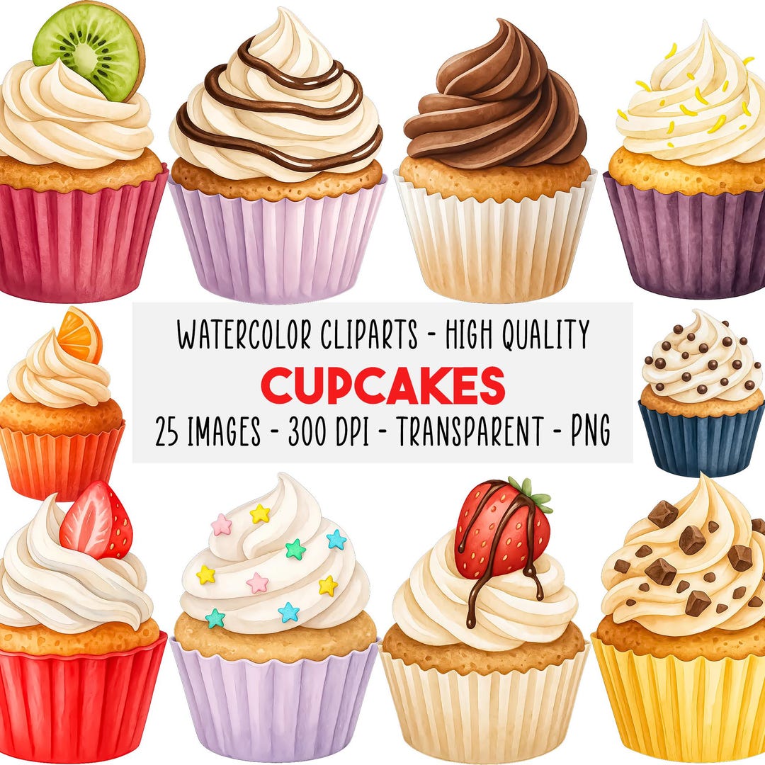 25 Cupcakes Watercolor Clipart PNG, Sweet Treats Dessert Digital for ...