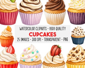 25 Cupcakes Watercolor Clipart PNG, Sweet Treats Dessert Digital for Birthday & Party, Cute Food Clip Art, Commercial Use, Instant Download