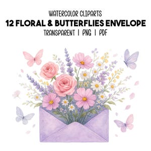 12 Cliparts de Envelopes Florais PNG PDF, Flores e Borboletas em Aquarela, Diário de Primavera, Scrapbooking, Download Digital