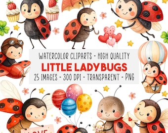 25 Lindos Clipart Mariquitas Acuarela, Set PNG Mariquitas, Primavera Habitación Infantil, Sublimación San Valentín, Descarga Instantánea