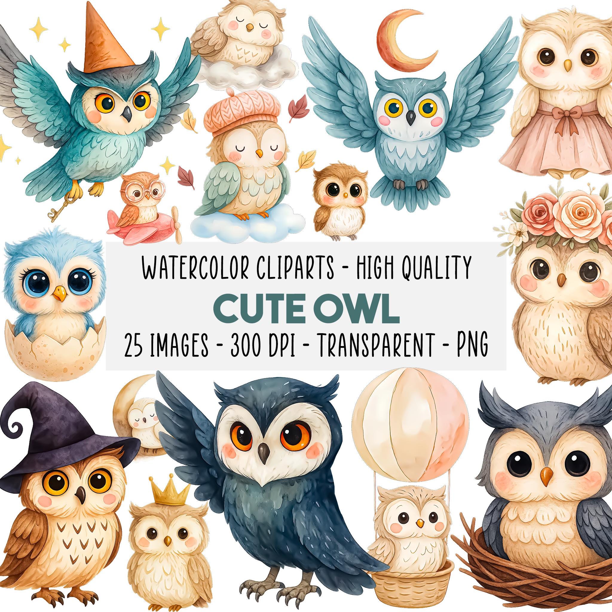 25 Cute Owl Watercolor Clipart Bundle, PNG Nursery Baby Shower, Digital Art, Cute Birds, Whimsical O