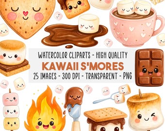 25 Kawaii Smores Clipart Set, PNG Schattige Marshmallows, Chocolade Graham Cracker, Kampvuur Dessert, Commercieel Gebruik, Directe Download