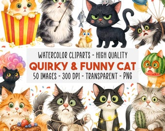 50 Quirky Cat Watercolor Clipart PNG, Funny Whimsical Cats, Cute Cartoon Kitten, High-Res Transparent, Commercial Use, Digital Download