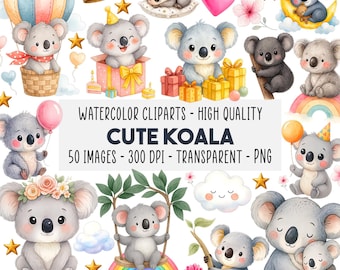 50 Koala Watercolor Clipart Set PNG, Cute Koalas Sitting Hugging Sleeping, Moon Rainbow Balloons Nursery Baby Shower Party, Instant Download