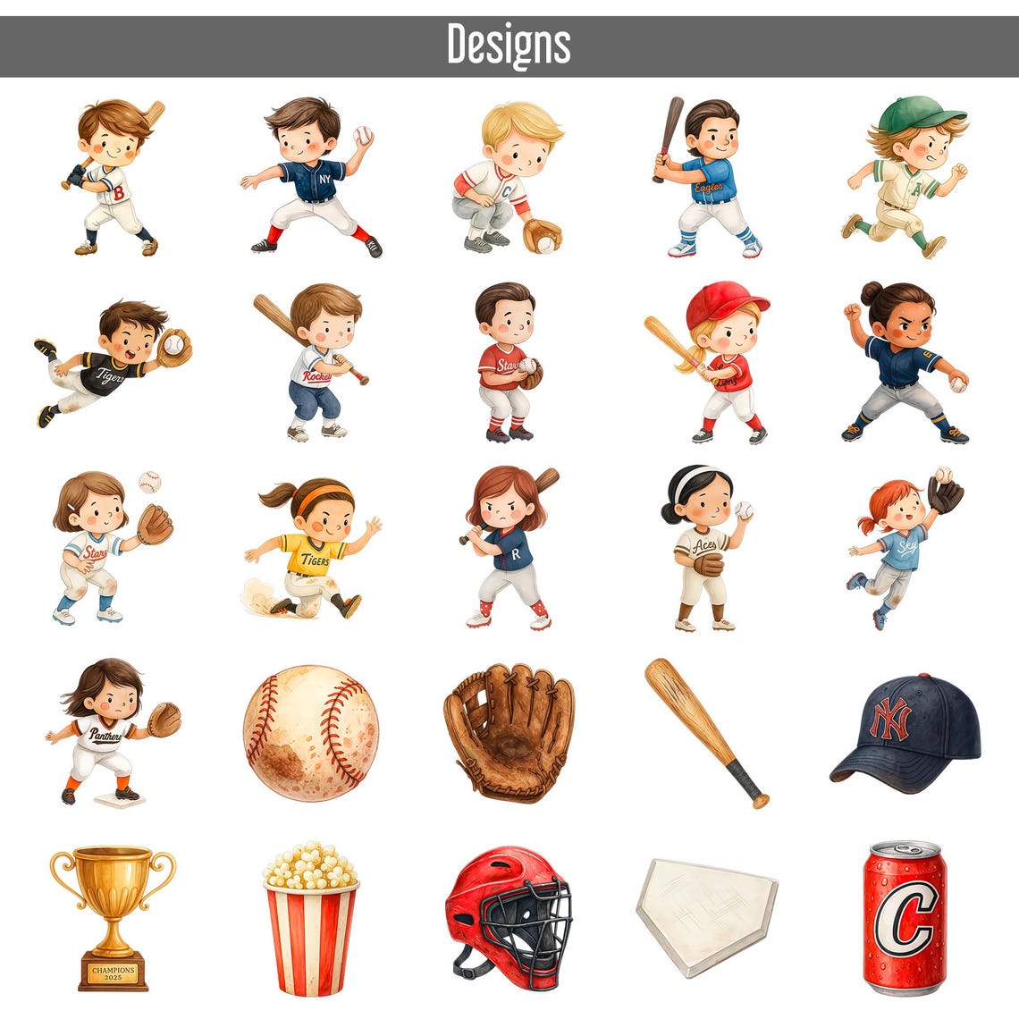 50 Baseball Kids Clipart Bundle, Watercolor Sports PNG, Bat, Glove, Cap ...