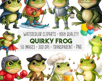50 Funny Frog Watercolor Clipart PNG Bundle, Cute Quirky Whimsical Frogs, Cartoon Amphibian Illustrations, Commercial Use, Instant Download