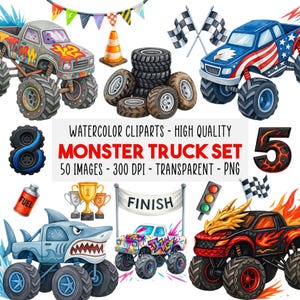 50 Monster Truck Watercolor Clipart Bundle PNG, Extreme Offroad Trucks, Kids Party, Stickers, Scrapbook Graphics, Racing, Instant Download