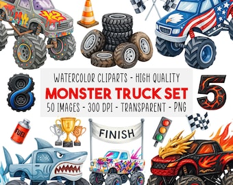 50 Monster Truck Akvarell Clipart Bundle PNG, Extreme Offroad Trucks, Barnkalas, Klistermärken, Scrapbook-grafik, Racing, Direktnedladdning