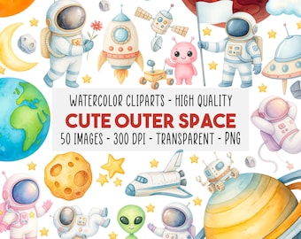 50 Watercolor Outer Space Clipart, Transparent Solar System PNG Bundle