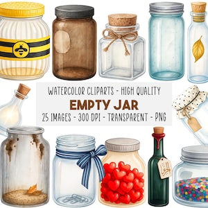 Op de afbeelding: Waterverf illustraties van lege potten in diverse vormen en maten. Sommige hebben kurken, metalen deksels of decoratieve strikken. De afbeelding bevat tekst: "WATERCOLOR CLIPARTS - HIGH QUALITY EMPTY JAR 25 IMAGES - 300 DPI - TRANSPARENT - PNG."