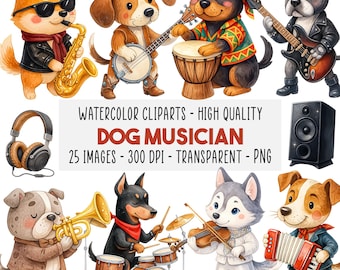 25 Musical Dogs Watercolor Clipart Bundle, PNG Cute Dogs Playing Instruments, Puppy Musician Clipart, Nursery Baby Shower, Instant Download