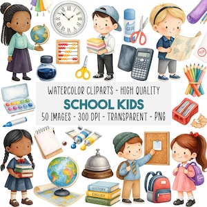 Pode incluir: Ilustração em aquarela de crianças na escola e material escolar. A imagem inclui um globo, livros, lápis, tesouras e uma calculadora. O texto na imagem diz "SCHOOL KIDS".