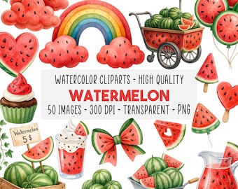 50 Watermelon Watercolor PNG Clipart, Realistic Summer Fruit Illustrations, Sublimation, Invitations, Baby Shower Clipart, Instant Download
