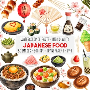 Puede incluir: Ilustración en acuarela de alimentos japoneses, incluyendo sushi, ramen, salsa de soja y mochi. La imagen presenta una linterna roja, un abanico y el texto "JAPANESE FOOD".