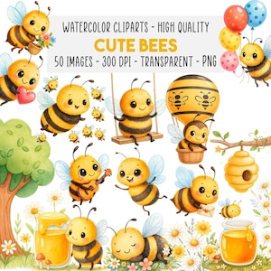 Può includere: Clipart ad acquerello con simpatiche api in varie pose. L'immagine include api con palloncini, su altalene e in mongolfiera. Il testo recita "WATERCOLOR CLIPARTS - HIGH QUALITY CUTE BEES 50 IMAGES - 300 DPI - TRANSPARENT - PNG."