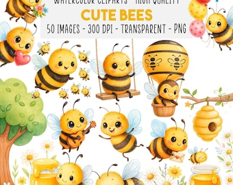 50 Cute Bee Clipart Set PNG, Whimsical Kawaii Bees, Spring Flowers Honey, Cartoon Bumblebee Digital Instant Download for Crafts & Cards