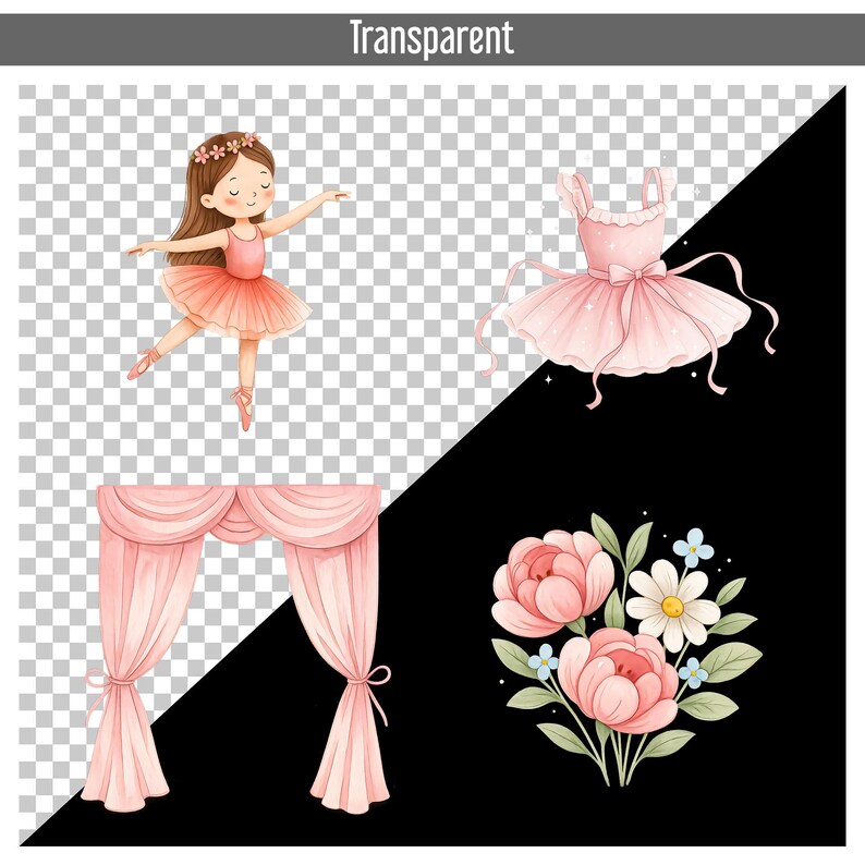 May include: Watercolor illustration featuring a ballerina in a pink tutu, a pink ballet dress, pink curtains, and a bouquet of pink flowers with white and blue accents. The word "Transparent" is at the top.