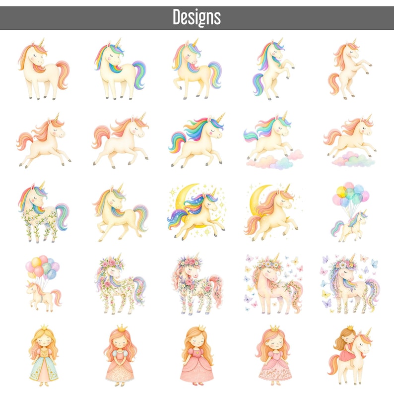50 Unicorn and Princess Clipart Bundle PNG, Watercolor Pastel Unicorns ...