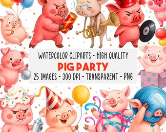 Set de 25 Clipart Fiesta Cerditos Tiernos Cumpleaños PNG Ilustraciones Acuarela para Manualidades Invitaciones Descarga Instantánea