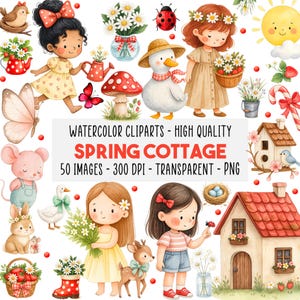 Puede incluir: Conjunto de imágenes prediseñadas de acuarela con temas de cabañas de primavera. Incluye ilustraciones de niños, animales, flores y una cabaña. El texto dice "SPRING COTTAGE" y "50 IMAGES - 300 DPI - TRANSPARENT - PNG".