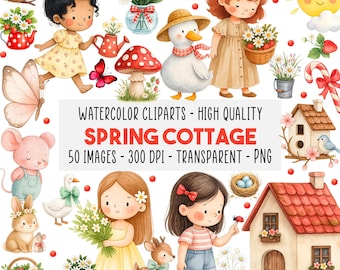 50 Spring Cottage Clipart PNG, Akvarell Flickor Djur, Jordgubbsblommor, Bondgårdsrustikt Söt Set, Omedelbar Nedladdning