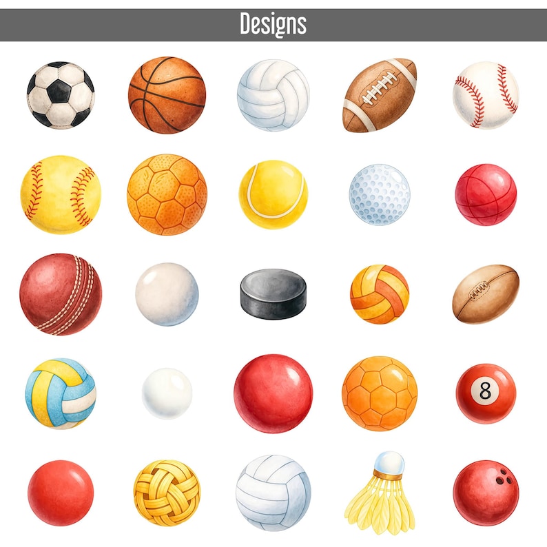 May include: A watercolour illustration featuring a collection of sports balls. The image includes a football, basketball, volleyball, rugby ball, baseball, and other sports equipment. The word "Designs" is at the top.