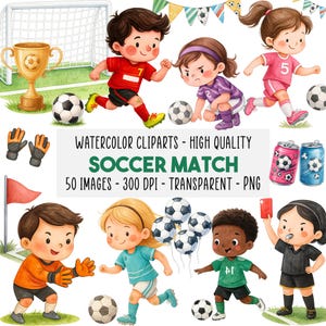 Può includere: Set di clipart ad acquerello con illustrazioni di partite di calcio. Include bambini in uniforme da calcio, palloni da calcio, un trofeo, porta, guanti e il testo: "SOCCER MATCH". Le immagini sono di alta qualità, 300 DPI e trasparenti.