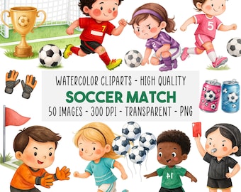 50 Kids Soccer Watercolor Clipart Bundle, Football, Boys & Girls Players, Goalkeepers, Referees, Ball, Trophy, Stadium, Instant Download