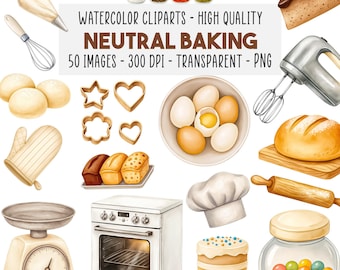 50 Clipart Pasticceria Neutre, Acquerello Cucina PNG Strumenti Vintage Torte Dolci Forno Utensili, Download Istantaneo, Uso Commerciale