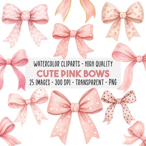 25 Soft Rosa Aquarell Süße Schleifen Clipart PNG Set, Elegante Schleifen, Pastellband Digitale Kunst, Druckbar, Sofort Download