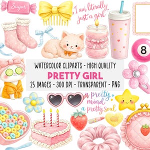 Könnte beinhalten: Eine Sammlung von Aquarell-Clip-Art-Bildern zum Thema "Pretty Girl". Die Bilder umfassen eine Katze, eine Schleife, eine Kerze, einen Trinkbecher, einen Kuchen, eine Sonnenbrille und andere niedliche Accessoires in Rosa, Gelb und Blau.