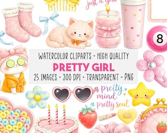 25 Pretty Girl Clipart, Coquette Pinkcore Aesthetic, Cute Girly Icons PNG, Feminine Fashion Self Care Stickers, Pastel Art, Instant Download