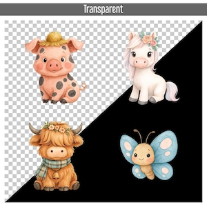 50 Cute Farm Animals PNG Bundle, Watercolor Farm Clipart Set, Cow, Pig, Duck, Horse, Bunny, Dog, Sheep, Instant Download, Barn Baby Animal image 4