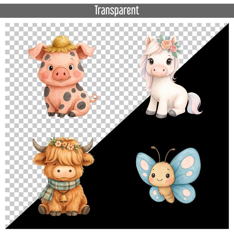 50 Cute Farm Animals PNG Bundle, Watercolor Farm Clipart Set, Cow, Pig, Duck, Horse, Bunny, Dog, Sheep, Instant Download, Barn Baby Animal image 4