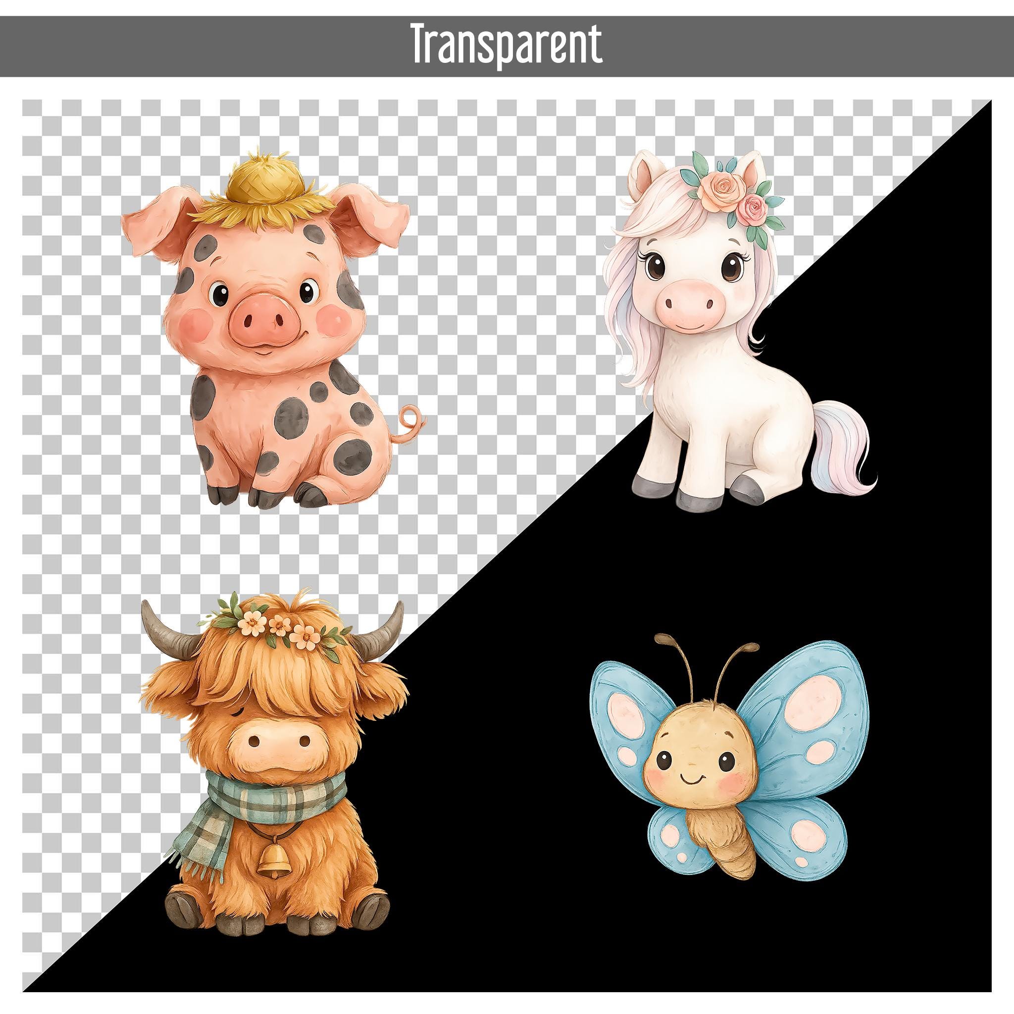 50 Cute Farm Animals PNG Bundle, Watercolor Farm Clipart Set, Cow, Pig ...
