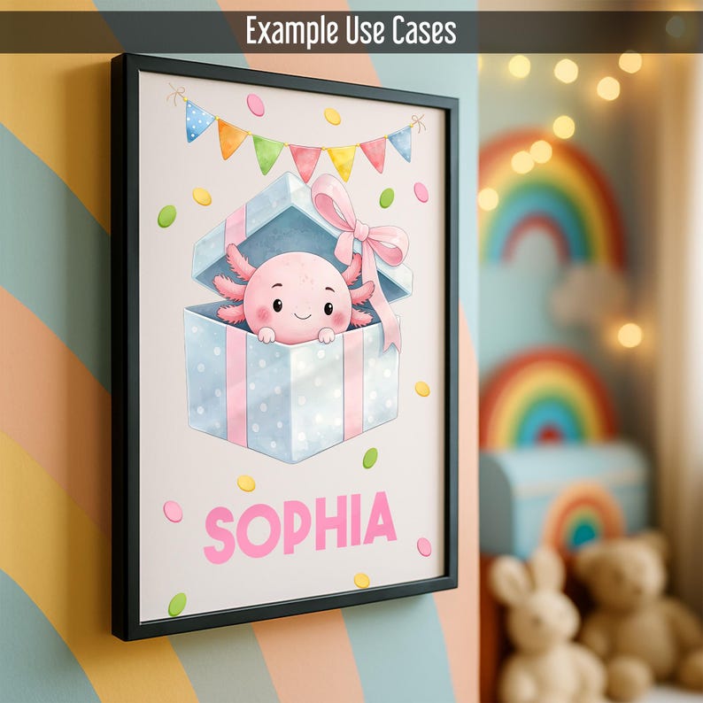 May include: A framed print featuring a cartoon axolotl emerging from a gift box. The box is light blue with pink ribbons and polka dots. The print includes the name "SOPHIA" in pink, with a banner and confetti.