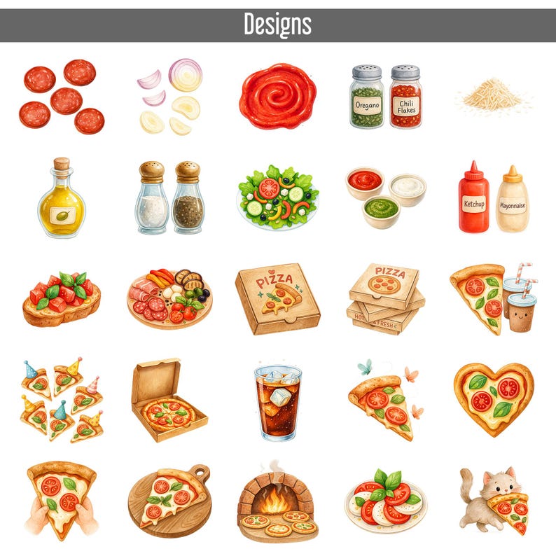 50 Watercolor Pizza Clipart Bundle PNG, Pizza Party Illustrations ...