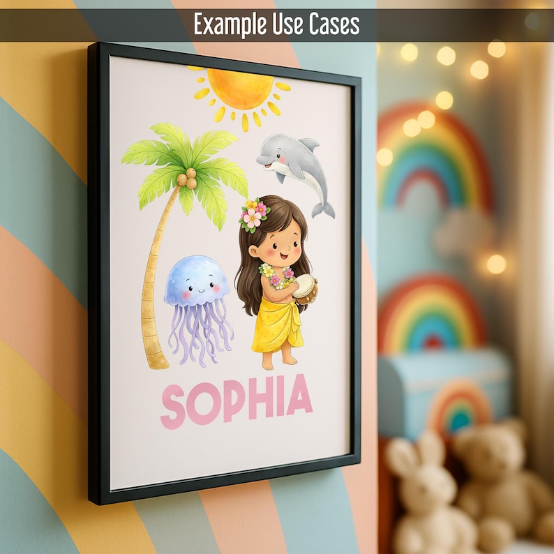 May include: Framed art print featuring a cartoon illustration of a girl in a yellow dress, a palm tree, a dolphin, a jellyfish, and a sun. The name "SOPHIA" is printed in pink. The text "Example Use Cases" is at the top.