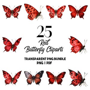 25 Cliparts Papillons Rouges Noirs PNG PDF, Téléchargement Élégant, Motifs Floraux pour Loisirs Créatifs, Journaux, Cartes